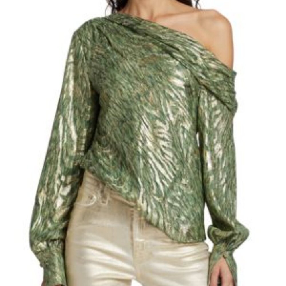 NWT$430 SIMKHAI Alice Moire One-Shoulder Top in Hunter Green Metallic Lurex M